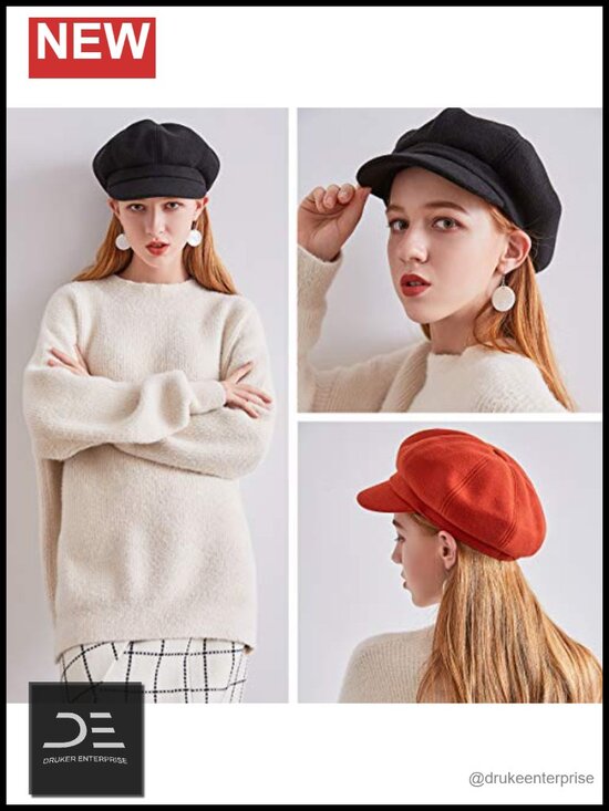 Wool Blend Newsboy Hat with Drawstring, Adjustable Fitted Cap for Winter